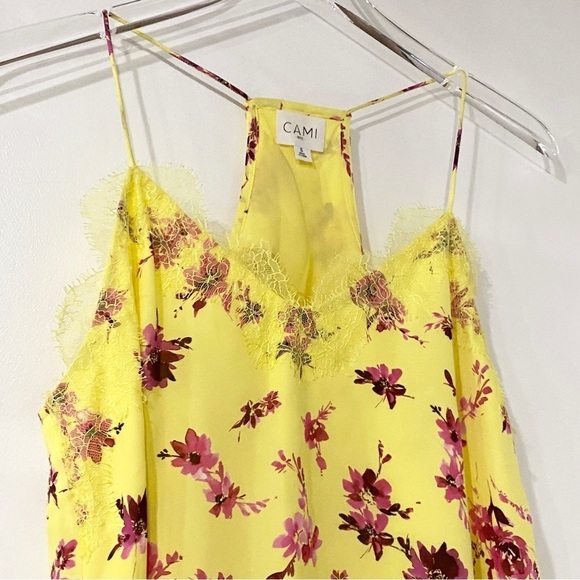 Cami NYC Georgette Silk Lacey Racer Tank in Hibiscus Floral Yellow S‎ - Picture 3 of 6